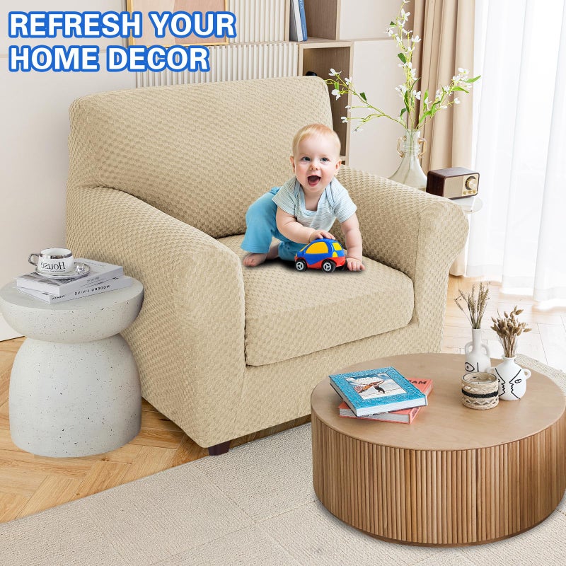 MAXIJIN 2 Piece Jacquard Chair Covers with Arms Super Stretch Non Slip Chair Slipcover for Living Room Dogs Pet Friendly Elastic Sofa Couch Protector Armchair Cover (Chair, Light Beige) - Image 2